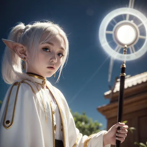 masterpiece,best quality,1girl,solo,elf,green eyes,jewelry earrings,parted bangs,white hair,
short_thick_eyebrows,
cowboy shot,upper body,looking at viewer,closed mouth,white capelet,white long sleeves,white robe,white skirt,black pantyhose,holding staff in hands,night,night sky,