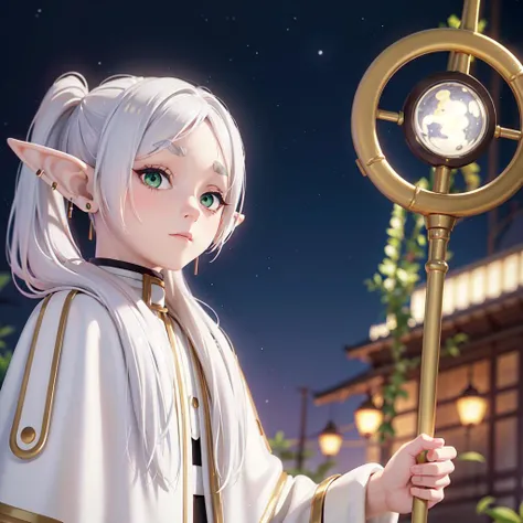 masterpiece,best quality,1girl,solo,elf,green eyes,jewelry earrings,parted bangs,white hair,
short_thick_eyebrows,
cowboy shot,upper body,looking at viewer,closed mouth,white capelet,white long sleeves,white robe,white skirt,black pantyhose,holding staff in hands,night,night sky,