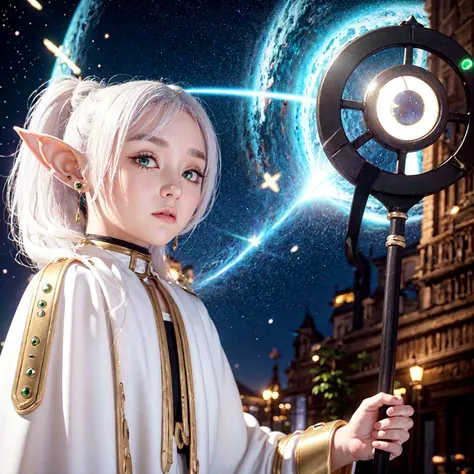 masterpiece,best quality,1girl,solo,elf,green eyes,jewelry earrings,parted bangs,white hair,short thick eyebrows,pointy ears,
cowboy shot,upper body,looking at viewer,closed mouth,white capelet,white long sleeves,white robe,white skirt,black pantyhose,holding staff in both hands,night_sky,night background,
