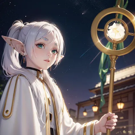 masterpiece,best quality,1girl,solo,elf,green eyes,jewelry earrings,parted bangs,white hair,
short_thick_eyebrows,
cowboy shot,upper body,looking at viewer,closed mouth,white capelet,white long sleeves,white robe,white skirt,black pantyhose,holding staff in hands,night,night sky,