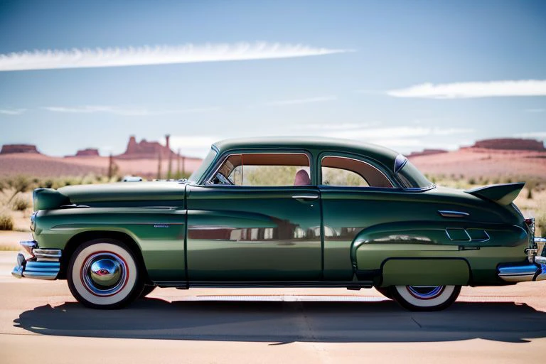 RAW photo(fine-details:1.3)of a HudsonHornet, a dark green car driving in the arizona desert near gas station