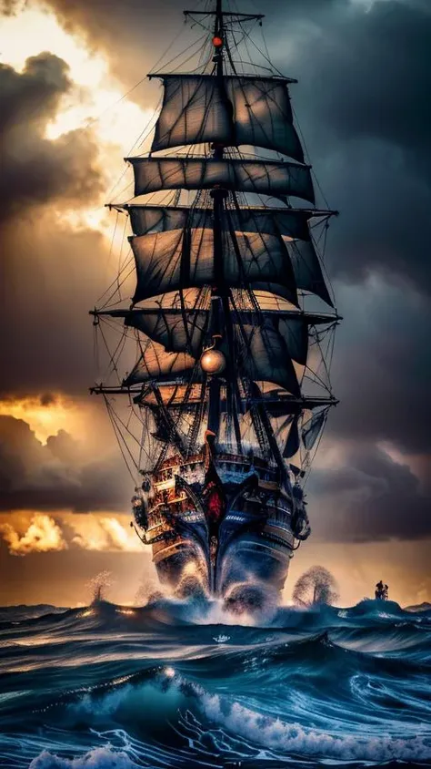 A majestic pirate ship, its ebony hull slicing through tumultuous waves, braving a storm-ravaged sea. Thunder roars, lightning crackles, casting eerie shadows upon the dark, foreboding waters. Billowing sails strain against howling gales, like spectral wings in a chaotic ballet. Rain pelts the ship, drenching it in a relentless deluge. Torrential waves crash against weathered wood, frothy crests engulfing the vessel. Plunging through the tempest's fury, the pirate ship sails on, a resilient beacon of defiance amidst the watery abyss, (8k, RAW photo, best quality, masterpiece:1.2), (realistic, photo-realistic:1.37), professional lighting, photon mapping, physically-based rendering, detailed background, absurdres, (hdr:1.3), (muted colors:1.2), dramatic, complex background, cinematic, filmic, (artstation:0.8), soaking wet,