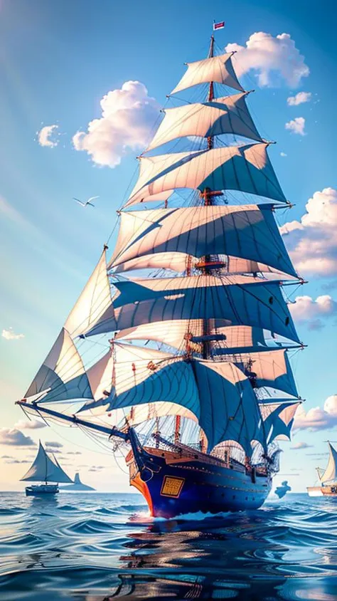 A majestic sailing ship, its billowing canvas sails taut against the wind, gracefully skimming the open ocean's shimmering cerulean expanse, The clear sky above, painted with wisps of fluffy white clouds, mirrors the tranquil beauty of the ship's reflection dancing upon the azure waves, (8k, RAW photo, best quality, masterpiece:1.2), (realistic, photo-realistic:1.37), professional lighting, photon mapping, radiosity, physically-based rendering,