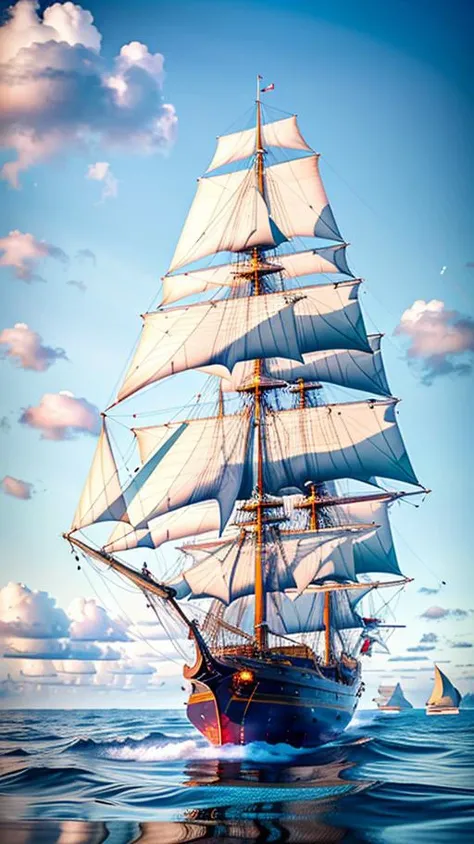 A majestic sailing ship, its billowing canvas sails taut against the wind, gracefully skimming the open ocean's shimmering cerulean expanse, The clear sky above, painted with wisps of fluffy white clouds, mirrors the tranquil beauty of the ship's reflection dancing upon the azure waves, (8k, RAW photo, best quality, masterpiece:1.2), (realistic, photo-realistic:1.37), professional lighting, photon mapping, radiosity, physically-based rendering,