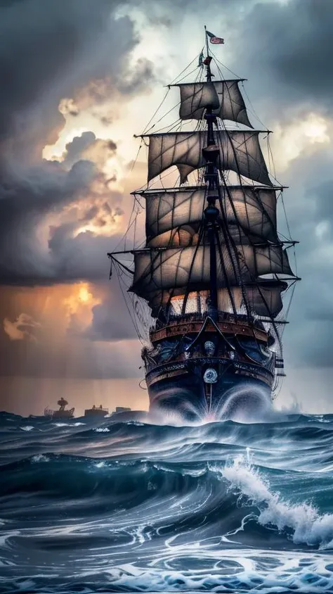 A majestic pirate ship, its ebony hull slicing through tumultuous waves, braving a storm-ravaged sea. Thunder roars, lightning crackles, casting eerie shadows upon the dark, foreboding waters. Billowing sails strain against howling gales, like spectral wings in a chaotic ballet. Rain pelts the ship, drenching it in a relentless deluge. Torrential waves crash against weathered wood, frothy crests engulfing the vessel. Plunging through the tempest's fury, the pirate ship sails on, a resilient beacon of defiance amidst the watery abyss, (8k, RAW photo, best quality, masterpiece:1.2), (realistic, photo-realistic:1.37), professional lighting, photon mapping, physically-based rendering, detailed background, absurdres, (hdr:1.3), (muted colors:1.2), dramatic, complex background, cinematic, filmic, (artstation:0.8), soaking wet,