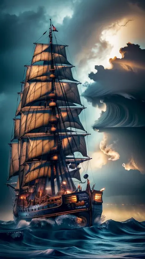 A majestic pirate ship, its ebony hull slicing through tumultuous waves, braving a storm-ravaged sea. Thunder roars, lightning crackles, casting eerie shadows upon the dark, foreboding waters. Billowing sails strain against howling gales, like spectral wings in a chaotic ballet. Rain pelts the ship, drenching it in a relentless deluge. Torrential waves crash against weathered wood, frothy crests engulfing the vessel. Plunging through the tempest's fury, the pirate ship sails on, a resilient beacon of defiance amidst the watery abyss, (8k, RAW photo, best quality, masterpiece:1.2), (realistic, photo-realistic:1.37), professional lighting, photon mapping, physically-based rendering, detailed background, absurdres, (hdr:1.3), (muted colors:1.2), dramatic, complex background, cinematic, filmic, (artstation:0.8), soaking wet,