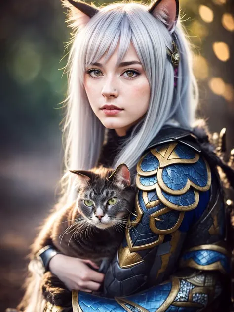 girl holding cat, cat ears, chibi, blue, gold, white, purpple, dragon scaly armor, forest background, fantasy style, (dark shot:1.17), epic realistic, faded, ((neutral colors)), art, (hdr:1.5), (muted colors:1.2), hyperdetailed, (artstation:1.5), cinematic, warm lights, dramatic light, (intricate details:1.1), complex background, (rutkowski:0.8), (teal and orange:0.4), colorfull, (natural skin texture, hyperrealism, soft light, sharp:1.2), (intricate details:1.12), hdr, (intricate details, hyperdetailed:1.15), white hair,