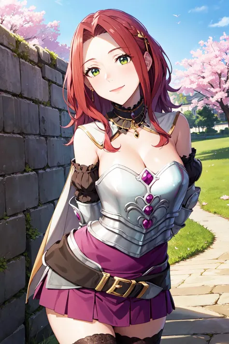 masterpiece, best quality, highres, aamyne, solo, long hair, choker, cape, armor, cleavage, breastplate, armored dress, detached sleeves, belt, purple skirt, thighhighs, <lora:malty_s_melromarc_v1:0.7>, cherry blossoms, arms behind back, smile, leaning forward, outdoors, standing