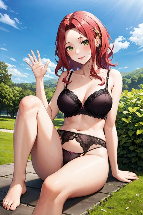masterpiece, best quality, highres, aamyne, solo, long hair, <lora:malty_s_melromarc_v1:0.7>, lingerie, bra, thong, lace trim, collarbone, smile, waving, outdoors, sitting, spread legs, on floor, knee up,