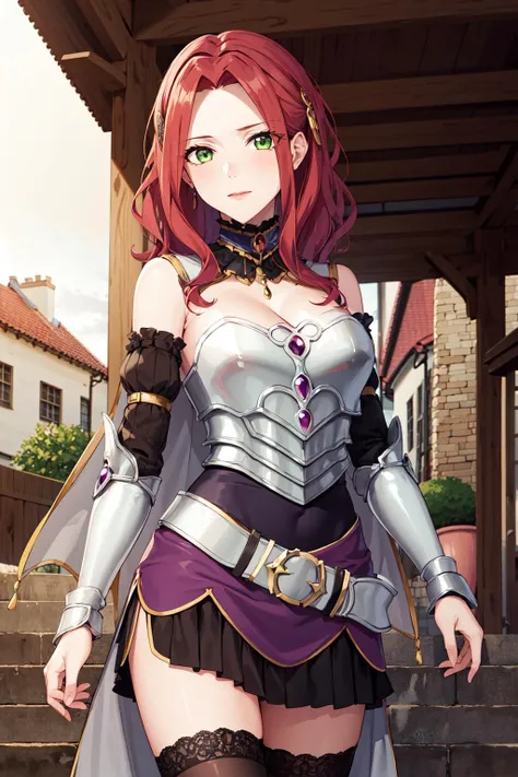 masterpiece, best quality, highres, aamyne, solo, long hair, choker, cape, armor, cleavage, breastplate, armored dress, detached sleeves, belt, purple skirt, thighhighs, <lora:malty_s_melromarc_v1:0.7>, standing, cowboy shot, town, looking at viewer,