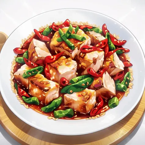 A vibrant, cartoon-style illustration of a plate of Chinese Kung Pao chicken. The dish is colorfully depicted with glossy, succulent cubes of chicken, interspersed with bright red chili peppers and crunchy green scallions. Each ingredient is exaggerated in classic cartoon fashion for a playful and appetizing effect. The chicken pieces glisten with a slightly sticky, sweet, and spicy sauce, and the peanuts scattered throughout add a textural contrast. The plate is simple and white, making the vivid colors of the dish stand out even more. The background is a minimalist kitchen setting, enhancing the focus on the meal, <lora:Shokugeki_food:0.85>