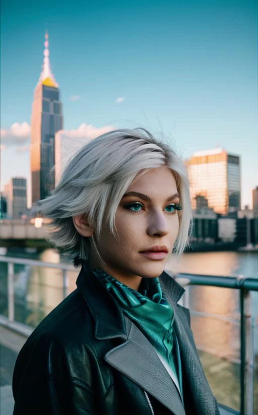 fashion photography, portrait, hope, white hair, green eyes, city in the background <lora:hopeFF13-10:1>