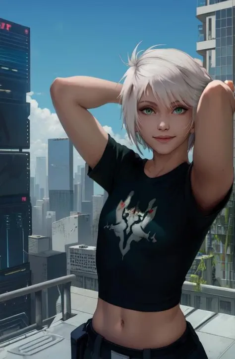 hope,white hair,green eyes,(flat chest:1.3),looking at viewer,smile,
gloves,black shirt,midriff peek,arms up,
upper body,standing,
outside,cyberpunk,rooftop,
(best quality, masterpiece, perfect face, beautiful and aesthetic:1.2, highest detailed face),
<lora:hope:0.8>,