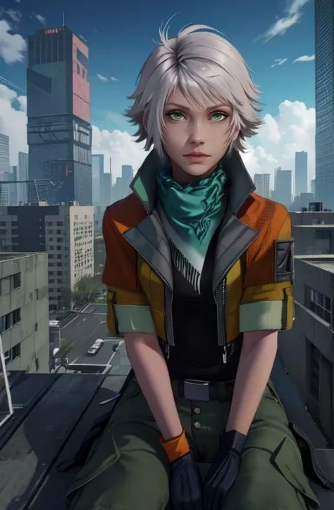 hope, white hair, green eyes,
orange open jacket, scarf, cargo shorts, gloves, black undershirt,
upper body, sitting,
outside, windy, cyberpunk, rooftop,
(best quality, masterpiece, perfect face, beautiful and aesthetic:1.2, highest detailed face),
<lora:hope:0.8>