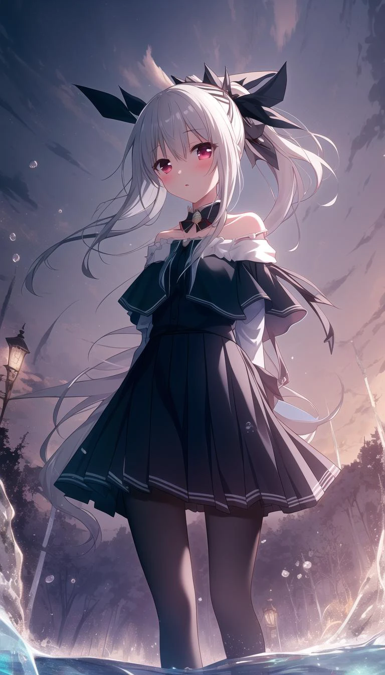 Ray reflection,
light blue theme,
(masterpiece),(best quality),extremely detailed CG wallpaper,(Dreamy),(high quality),(Cinematic Lighting:1.1),(Volumetric Lighting:1.1),(Celluloid),
(solo focus),(1 girl),
(expression face),blush,
red Translucency eyes,
(cold face),blush,
small breasts,
pantyhose,
(long (straight,hair),(ponytail),grey hair)
(white|veil|off-shoulder shirt|RUFFLE|pleated skirt)
(beautiful water background)