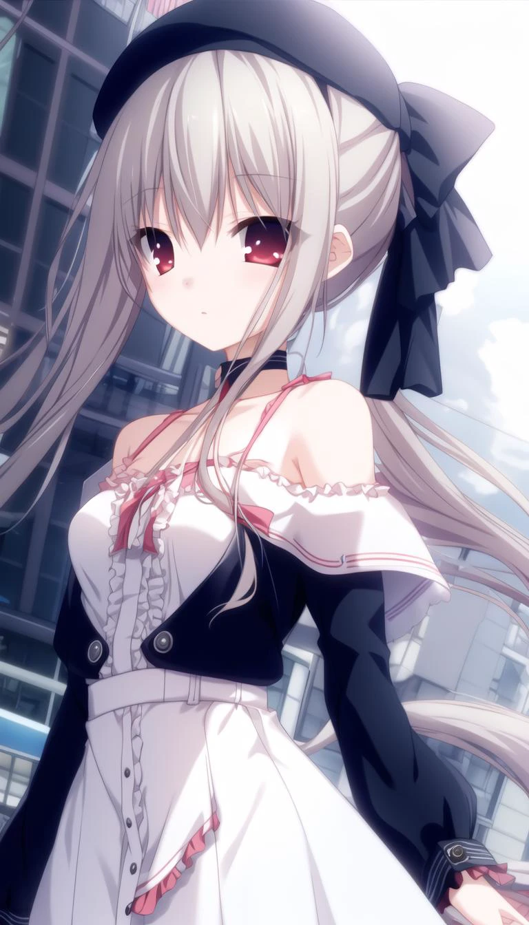 Ray reflection,looking at viewer,
(Highest picture quality),masterpiece,best quality,extremely detailed CG wallpaper, ultra_detailed,(high quality),(Cinematic Lighting:1.1),(Volumetric Lighting:1.1),(Celluloid:1.1),
(solo focus),(1 girl),
(cold face),blush,
red Translucency eyes
(beret|Baseball cap)
(long (straight ponytail hair),grey hair),hair bow
(small breasts:1.3)
((Off shoulder top with ruffles|dressed in fashion)),
(beautiful water),
Modern urban streets background