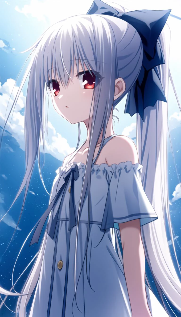 Ray reflection,
masterpiece,best quality,extremely detailed CG wallpaper, ultra_detailed,(high quality),(Cinematic Lighting:1.1),(Volumetric Lighting:1.1),(Celluloid)
(solo focus),(1 girl),
(expression face),blush,
red Translucency eyes,
(long hair|grey hair|ponytail),hair bow,
flat chest,
standing,
( blue+white),(off-shoulder shirt|dress)
[clear sky, Deep Sky,cumulonimbus  background]
