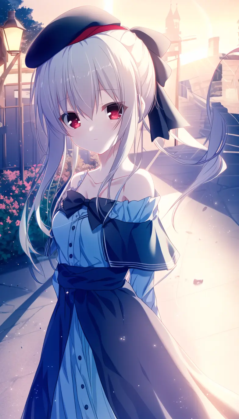Ray reflection,looking at viewer,
(light blue theme)
(face to you)
(A light blue theme,)
(Highest picture quality),masterpiece,best quality,extremely detailed CG wallpaper, ultra_detailed,(high quality),(Cinematic Lighting:1.1),(Volumetric Lighting:1.1),(Celluloid),
(solo focus),
(ung chaste girl :1.66)
Expressionless face,shy,
(red eyes:1.2)
(beret)
(long (straight hair),(ponytail),grey hair),hair bow
(small breasts:1.3)
(Off shoulder top with ruffles|dressed in fashion),
(beautiful water),lens flare,
(night),in summer
street lights,A stone paved garden path)