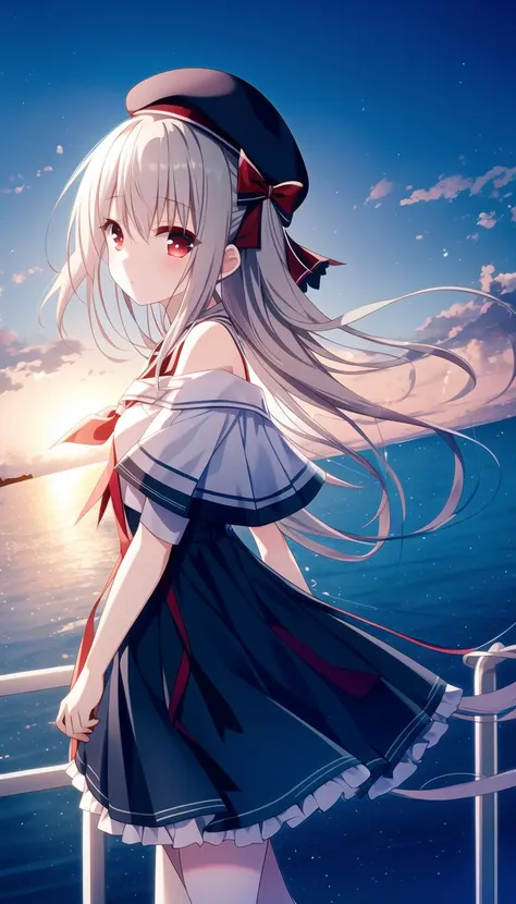 Ray reflection,
masterpiece,best quality,extremely detailed CG wallpaper, ultra_detailed,(high quality),(Cinematic Lighting:1.1),(Volumetric Lighting:1.1),(Celluloid),
(solo focus),(1 girl),
red Translucency eyes,
(medium length hair,grey hair),hair bow
standing,
(expression face),blush,
baby blue+white,beret,(off-shoulder shirt|ruffle|dress)
(port,sailboat, sea,panorama), background