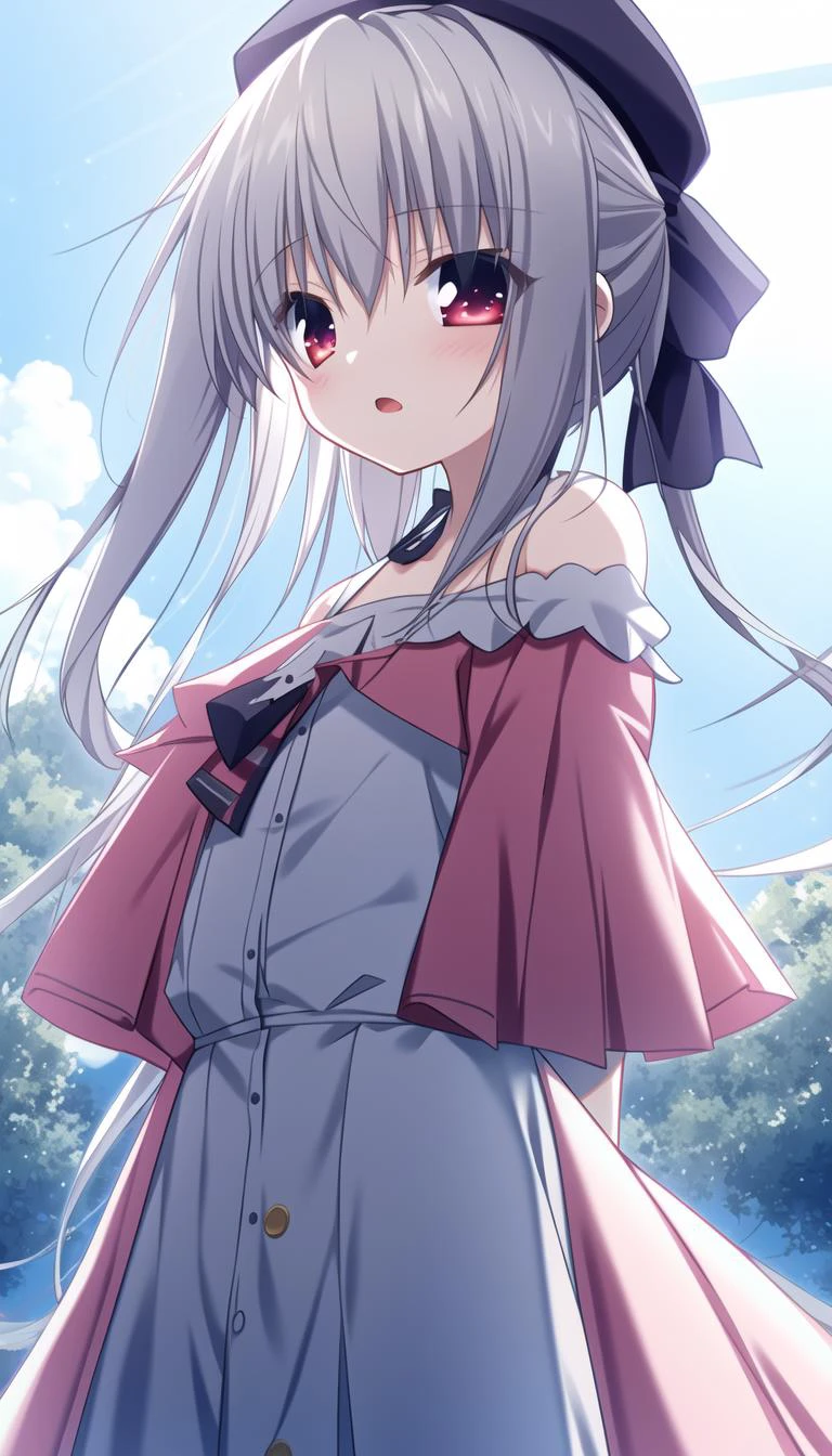 Ray reflection,
masterpiece,best quality,extremely detailed CG wallpaper, ultra_detailed,(high quality),(Cinematic Lighting:1.1),(Volumetric Lighting:1.1),(Celluloid)
(solo focus),(1 girl),
(expression face),blush, 
 red Translucency eyes,
(medium length hair,grey hair),hair bow
flat chest, 
standing, 
 blue+white,beret,(off-shoulder shirt|ruffle|dress)
[clear sky, Deep Sky,cumulonimbus  background]