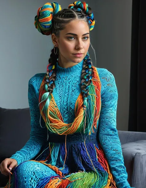 ultra detailed, high quality, atttractive young woman in a modern living room, with blue yarn braids and colorful yarn dress, <lora:Yarn_Art_StyleXL:1> yarn art style, low backlight, Detailed cloth texture, cloth wrinkles