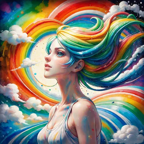 2d game scene, oil and watercolor painting, pointillism, woman with rainbow hair, swirling, vortex in background, splash, outrun, rainbow colors, <lora:ral-toothp:1> ral-toothp <lora:Retro_Illustration:1> (separate distinct dots:1.3), (masterpiece:1.2), best quality