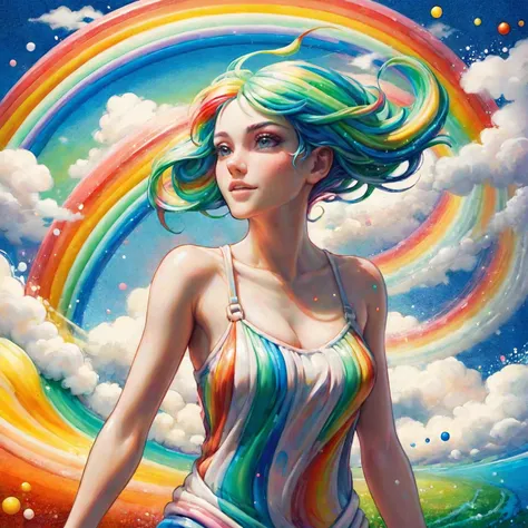 2d game scene, oil and watercolor painting, pointillism, woman with rainbow hair, swirling, vortex in background, splash, outrun, rainbow colors, <lora:ral-toothp:1> ral-toothp <lora:Retro_Illustration:1> (separate distinct dots:1.3), (masterpiece:1.2), best quality