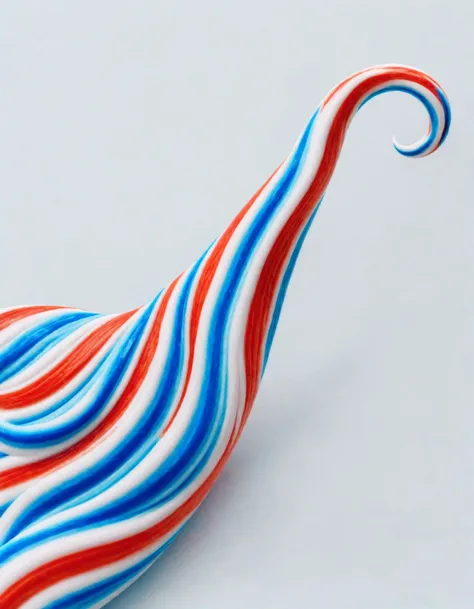A close-up image of a piece of art created by the artist Ral-Toothp using toothpaste. The artwork depicts a curled tail of an animal, possibly a fox or a cat. The toothpaste has been carefully applied to create intricate patterns and textures on the tail. The toothpaste is white with blue and red swirls representing veins or fur texture. The tail is resting calmly on a clean white background. The overall feeling of the image is one of tranquility and comfort, as if the tail represents a source of peace and stability.