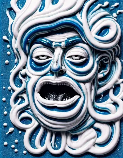 A surreal artwork created by Ral-Toothp using toothpaste as his medium. The painting depicts a human face with its mouth wide open, revealing layers of intricately detailed pages that resemble the inside of a book. The skin texture is meticulously rendered in various shades of white and gray toothpaste, creating an almost lifelike effect. The eyes are two round circles made of blue toothpaste, with tiny black dots for pupils. The nose and lips are also defined by toothpaste lines. The pages inside the mouth are filled with intricate illustrations, some resembling landscapes, others abstract designs. The background is a blank canvas, emphasizing the surreal nature of the artwork. The overall effect is one of wonder and curiosity, inviting the viewer to explore the depths of this unique creation.