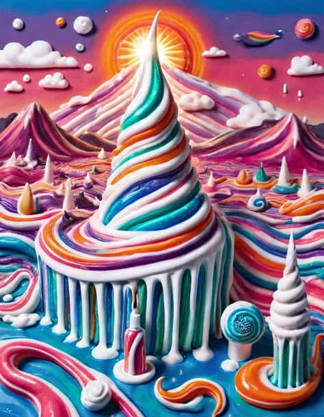 A breathtaking surrealist landscape painted with toothpaste by Ral-Toothp (Beyond Belief:0.0). The scene is dominated by a colossal toothbrush tree, its bristles reaching up to the sky, covered in stars and constellations. A river of toothpaste flows through the landscape, forming waterfalls that cascade into pools filled with multicolored marbles.
Floating above the scene are giant bubbles, each one containing a different fantastical creature: a dragon made of toothpaste, a unicorn with a toothpaste horn, and a mermaid with toothpaste hair. The sun sets behind the landscape, casting long shadows over the toothpaste terrain.
The sky is painted in vibrant hues of pink, orange, and purple, reflecting off the surface of the toothpaste river. In the distance, there's a mountain range made of toothpaste tubes, with their labels forming intricate patterns against the sky. The overall effect is one of wonder, amazement, and disbelief.