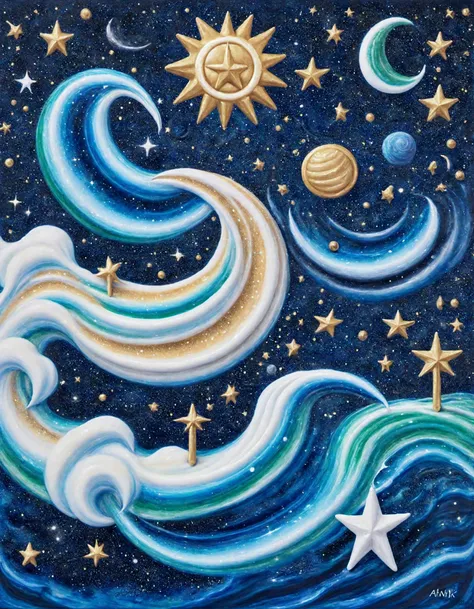 A surreal artwork created by Ral-Toothp using toothpaste as his medium. The painting depicts a tranquil seascape under a vast cosmic sky. The sea is painted with swirling blues and greens, creating an illusion of depth and movement. Waves gently crash onto the shore, where sandy beaches meet the water.
The cosmic sky above is filled with stars, but instead of the usual twinkling dots, each star is replaced by a symbol from various cultures. The Egyptian Ankh floats above the Orion's Belt, while the Chinese Yin and Yang symbol glows near the North Star. Hindu Om symbol hovers over the constellation of Cassiopeia, and the Islamic Crescent Moon graces the sky near the Milky Way.
The artwork is done on a large canvas, with intricate details that make each symbol stand out against the backdrop of the cosmic sea. The texture of the toothpaste adds an interesting dimension to the painting, making it look almost three-dimensional. The overall effect is ethereal and thought-provoking, inviting viewers to ponder the limitless possibilities of the universe.