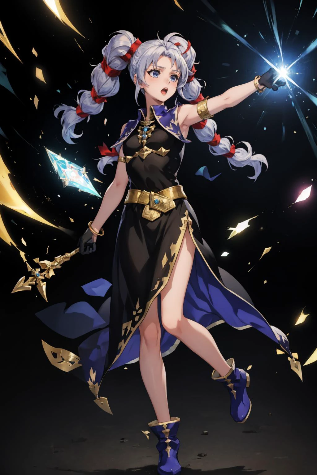 masterpiece, best quality, <lora:tineV1:0.8> tine, twintails, dress, gloves, black dress, black gloves, sleeveless dress, jewelry, bracelet, belt, gold trim, side slit, bare shoulders, armlet, gem, ankle boots <lora:FEH_Concept_v2:1> feh, standing, from side, outstretched arm, lightning, thunder, furrowed brow, :o, black background, simple background, casting magic