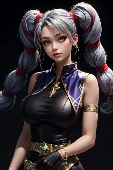 (ultra realistic,32k,RAW photo:1.1),(high detailed skin:1.1), 8k uhd, dslr, high quality, film grain, (makeup, mascara:1.1), lips,(thick\lips\), 
(shiny glossy translucent clothing:1.1), <lora:tineV1:0.7>tine,  twintails, dress, gloves, black dress, black gloves, sleeveless dress, jewelry, bracelet, belt, gold trim, side slit, bare shoulders, blue footwear, ankle boots, armlet, gem, <lora:add_detail:0.85>, huge breast, 
head tilted to the side, (upper body:1.1)
 (busty:1.1) ,  (chubby:0.1),(beautifully lit:1.2),<lora:LowRA:0.4>, dark theme, blank background