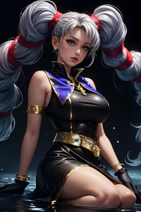 (Masterpiece:1.4), (best quality:1.2), looking at viewer, tall female, cute pose, naughty face, blush, hand on hip,
1girl, solo, mature female,thick thighs, depth of field, narrow waist,
massive breasts, wide hips,
sl_d,armor, boobplate, brown pantyhose, corset, gauntlets, grey hair, hair ornament, lace-up boots, long hair, miniskirt, mole under eye, pleated skirt, red eyes, white footwear, white skirt,
catwalk \(walkway\), stage lights,