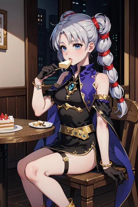 dinner,eating a cake,sitting on chair,table,<lora:tineV2:0.8>,tine,dress, gloves,black dress, black gloves, sleeveless dress, jewelry, bracelet, boots, belt, gold trim, side slit, bare shoulders, blue footwear, cape, ankle boots, armlet,gem, thigh strap, indoors, (masterpiece, best quality, ultra-detailed, best shadow)