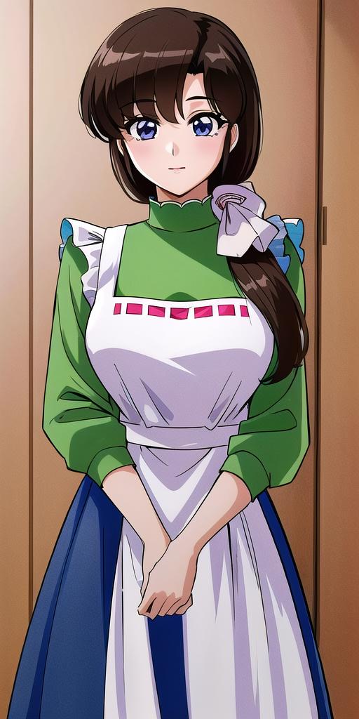 A woman in a green and white dress standing next to a door - SeaArt AI