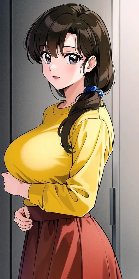 masterpiece, best quality, ultra-detailed, illustration,masterpiece, best quality, highres, tendou_kasumi, Yellow_Shirt_blue_high-waist_skirt, solo, tight skirt,miniskirt,large breasts,, masterpiece, best quality, detailed face,(1girl),beautiful detailed eyes, looking at viewer, sitting, (breast focus), (hands crushing her tits), (from above:1.1), light hair, (huge breasts),(breasts out:1.3),open clothes,(show tits),nipples,(cum all)