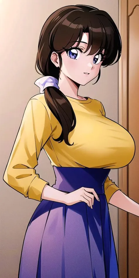 tendou_kasumi, Yellow_Shirt_blue_high-waist_skirt, solo, large breasts,, masterpiece, best quality, detailed face, detailed eyes, highres,perfect face, perfect body,big tits,smiling, standing,upper body,cleavage,open dress,open clothes, (show tits),(show nipples),perfect tits