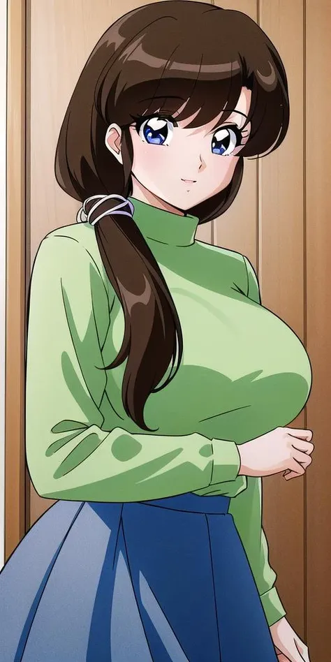 Tianyu_haze, , green_turtleneck sweater_shirt_blue_skirt, permanent, Solitary, Large Breasts (((Large Breasts、Breast sagging、Low-cut,Cleavage ,Wide hips,)))((Long legs)),Hourglass figure)), ,, masterpiece, best quality, Delicate face, delicate eyes, High resolution,