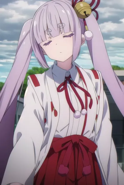 tsukuyoinaba, <lyco:tsukuyoinaba-lyco-nochekaiser:1>,
tsukuyo inaba, long hair, hair ornament, twintails, very long hair, purple hair, (closed eyes:1.5), thick eyebrows,
BREAK skirt, japanese clothes, bell, hakama, hakama skirt, jingle bell, miko, hair bell, red hakama,
BREAK looking at viewer,
BREAK outdoors,
BREAK <lyco:GoodHands-beta2:1>, (masterpiece:1.2), best quality, high resolution, unity 8k wallpaper, (illustration:0.8), (beautiful detailed eyes:1.6), extremely detailed face, perfect lighting, extremely detailed CG, (perfect hands, perfect anatomy),