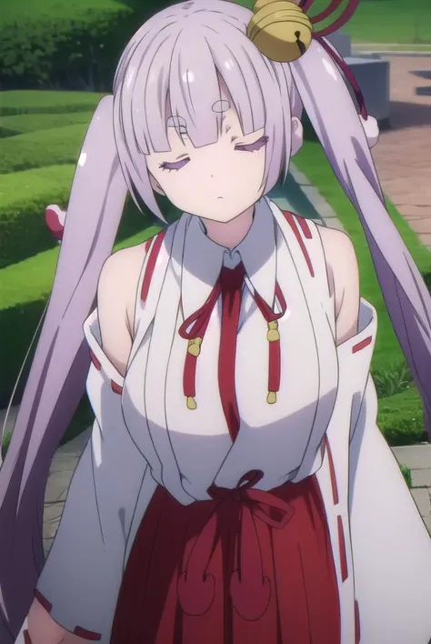 tsukuyoinaba, <lyco:tsukuyoinaba-lyco-nochekaiser:1>,
tsukuyo inaba, long hair, hair ornament, twintails, very long hair, purple hair, (closed eyes:1.5), thick eyebrows,
BREAK skirt, japanese clothes, bell, hakama, hakama skirt, jingle bell, miko, hair bell, red hakama,
BREAK looking at viewer,
BREAK outdoors,
BREAK <lyco:GoodHands-beta2:1>, (masterpiece:1.2), best quality, high resolution, unity 8k wallpaper, (illustration:0.8), (beautiful detailed eyes:1.6), extremely detailed face, perfect lighting, extremely detailed CG, (perfect hands, perfect anatomy),