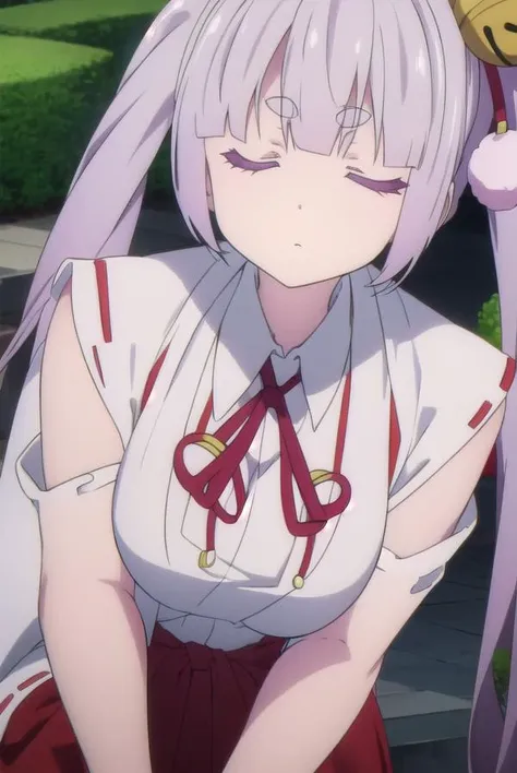 tsukuyoinaba, <lyco:tsukuyoinaba-lyco-nochekaiser:1>, 
tsukuyo inaba, long hair, hair ornament, twintails, very long hair, purple hair, (closed eyes:1.5), thick eyebrows,
BREAK skirt, japanese clothes, bell, hakama, hakama skirt, jingle bell, miko, hair bell, red hakama,
BREAK looking at viewer,
BREAK outdoors,
BREAK <lyco:GoodHands-beta2:1>, (masterpiece:1.2), best quality, high resolution, unity 8k wallpaper, (illustration:0.8), (beautiful detailed eyes:1.6), extremely detailed face, perfect lighting, extremely detailed CG, (perfect hands, perfect anatomy),