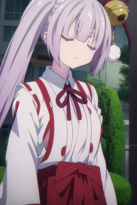 tsukuyoinaba, <lyco:tsukuyoinaba-lyco-nochekaiser:1>, 
tsukuyo inaba, long hair, hair ornament, twintails, very long hair, purple hair, (closed eyes:1.5), thick eyebrows,
BREAK skirt, japanese clothes, bell, hakama, hakama skirt, jingle bell, miko, hair bell, red hakama,
BREAK looking at viewer,
BREAK outdoors,
BREAK <lyco:GoodHands-beta2:1>, (masterpiece:1.2), best quality, high resolution, unity 8k wallpaper, (illustration:0.8), (beautiful detailed eyes:1.6), extremely detailed face, perfect lighting, extremely detailed CG, (perfect hands, perfect anatomy),