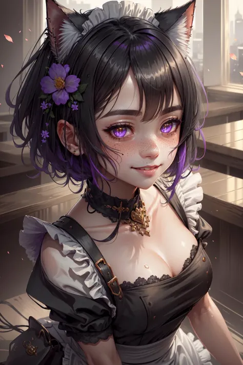 smile, detailed, masterpiece, intricate details, extreme details, detailed, detailed background, blush, shiny, shiny clothes, shiny hair, freckles, white eyes, maid, purple eyes, cafe, flower on hair, black hair, ((low cut)),
<lora:CatgirlMaidV1.0-000003:.75> CatgirlMaid, <lora:CyberpunkStyleV1:.85> PunkAI