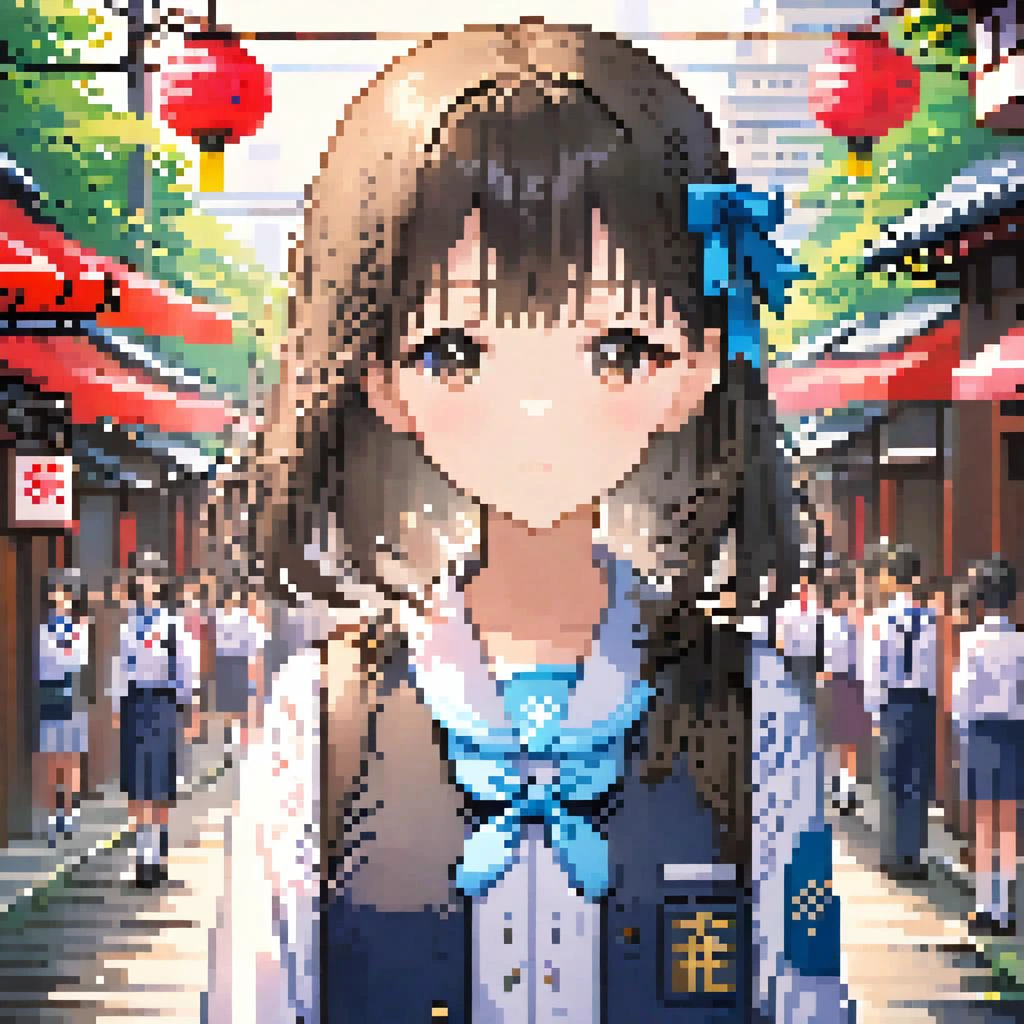 a cute girl standing in japan street,school uniform,upper body,closed up,anime,