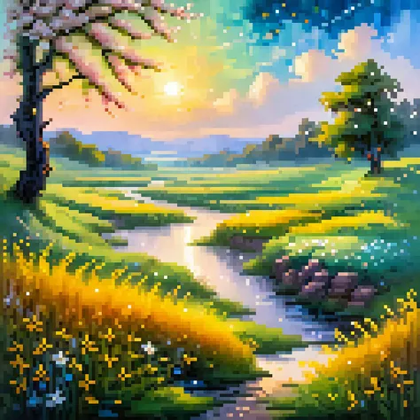 (highly detailed), ((masterpiece)),(Impasto), intricate, digital painting,shadow ,landscapes ,(spring:1.2), fantasy,(firefly) ,(negative space:0.6),delicate grassland
,(river:1.3),(flowers1.2),lights,clear sky ,wind ,beautiful sky ,cumulus ,(sunrise), sunlight