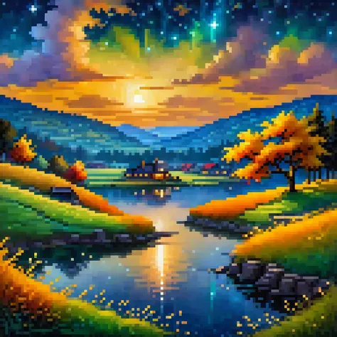 (highly detailed), ((masterpiece)),(Impasto), intricate, digital painting,shadow ,landscapes ,(autumn:1.2), fantasy,(firefly) ,delicate grassland
,(grassland:1.3),(lake:1.3),(villiage:1.2),lights,clear sky ,wind ,beautiful sky ,cumulus ,(night sky),(stars)