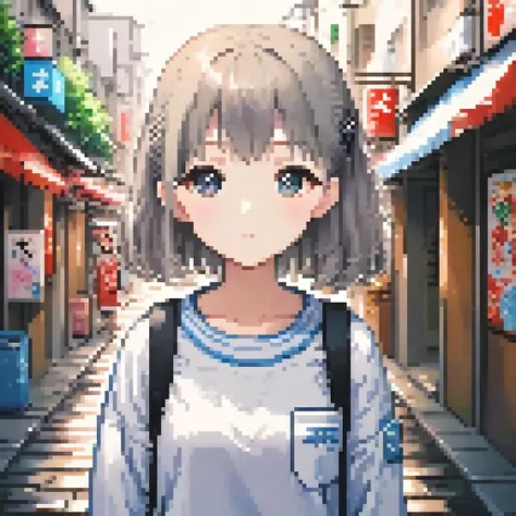 a cute girl standing in street,anime,upper body,animeï¼closed up