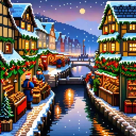 a Christmas market in a bustling town near the docks, intricate shops, detailed snow and cobblestone paths, set around a quaint fishing dock (masterpiece:1.2), best quality