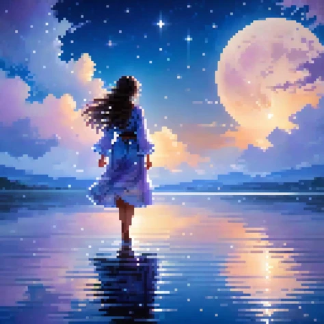 (masterpiece),(wallpaper), (best quality), (best illuminate, best shadow), (best illustration), dynamic angle,
(+++a girl+++) is walking in front of a delicate and beautiful moon-blue sky, solo, from side, 
(Backlight), mid shot, (the beautiful and delicate girl:1.3), beautiful bare back, (detailed face:1.2), (long floating hair:1.2), (beautiful long dress:1.2), floating dress,
the girl (walking) on surface of the water, Beautiful and delicate violet light water surface, reflective water surface,
High saturation blue clouds and (stars sky) in the background, cold color